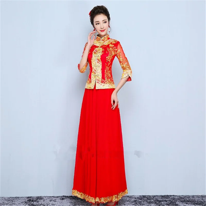 fashion Chinese ladies vintage bridal party sequin embroidered peacock Tang wedding cheongsam qipao dress