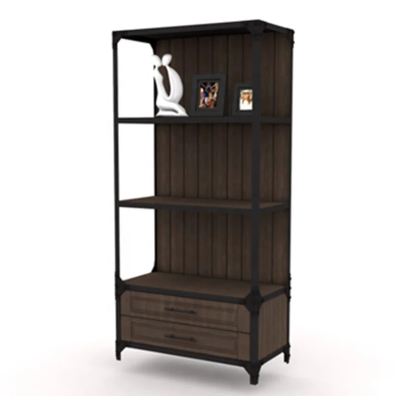 Hoifat floor display stand wood living room garage antique funiture unit 3-tier storage display book rack shelf with 2 drawers