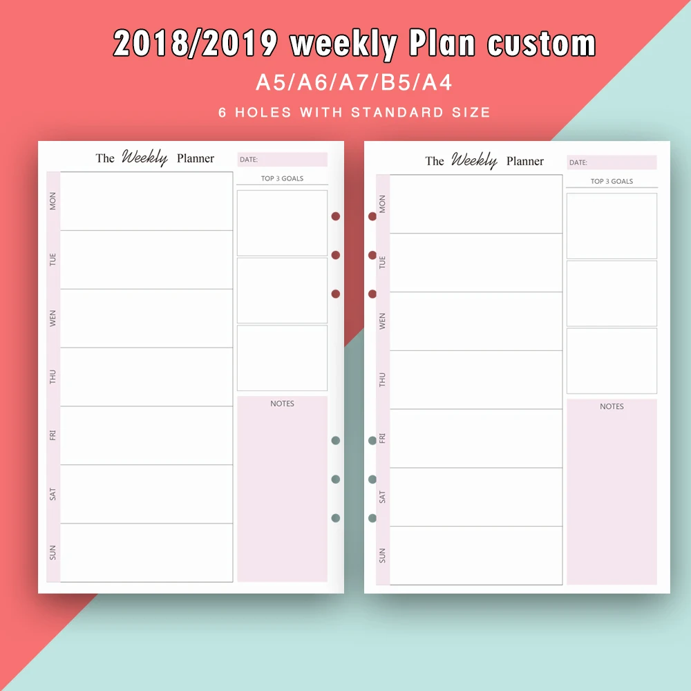 A5 /A6/A7 /A4/B5 weekly pages customize ,6 rings holes planner refill pages personal diary weekly schedule insert page