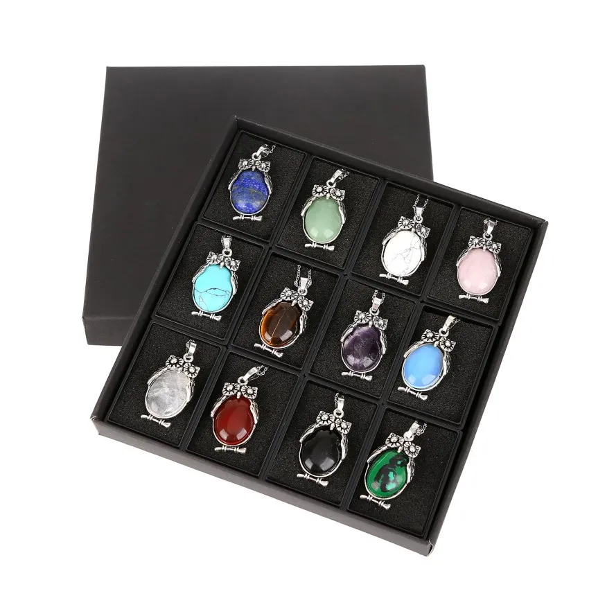 Vintage Owl Necklace Pendant with Birthstone Chakra Crystal Jewelry for Women and Men