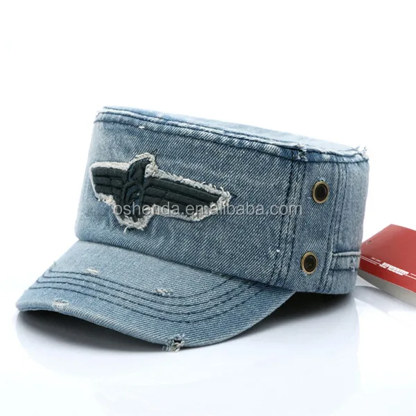 Cotton canvas flat top military hat elastic back army caps hats