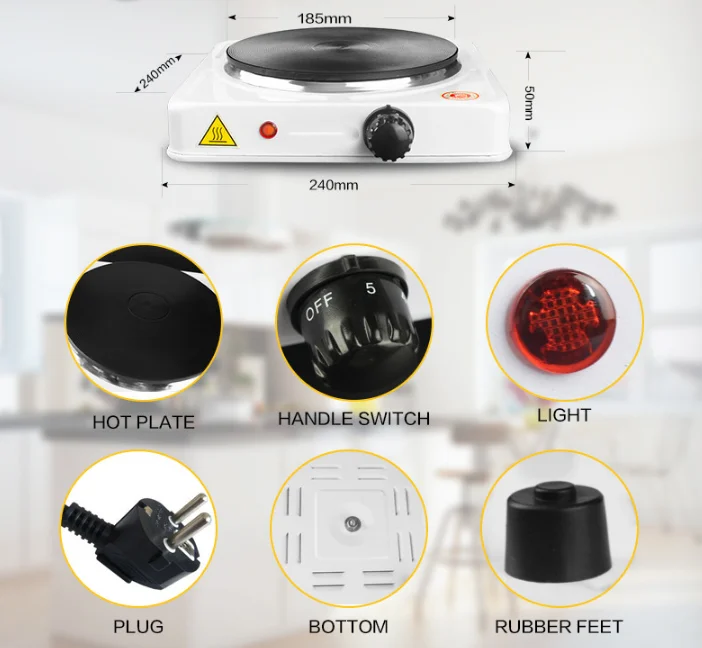 Single Electric Burner Stove Heavy Duty Flat Cast Iron Heating Plate, Power Indicator Light, Non-Skid Feet, Easy to Clean 1500W