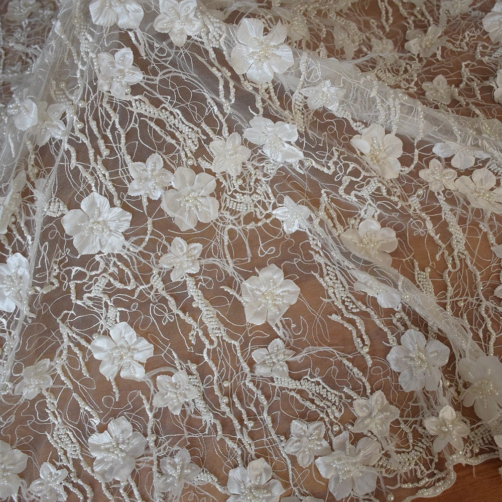 white color pretty bridal lace luxury 3d heavy beaded tulle lace with feather high quality french lace for wedding HY0735-1