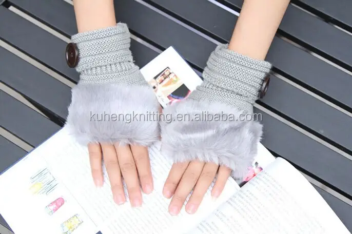 Women Winter Wool Blend Chic Knitted Fingerless Gloves Hand Warmer Turnover Cuff Thumb Hole Arm Warmers Mittens With Fake Fur