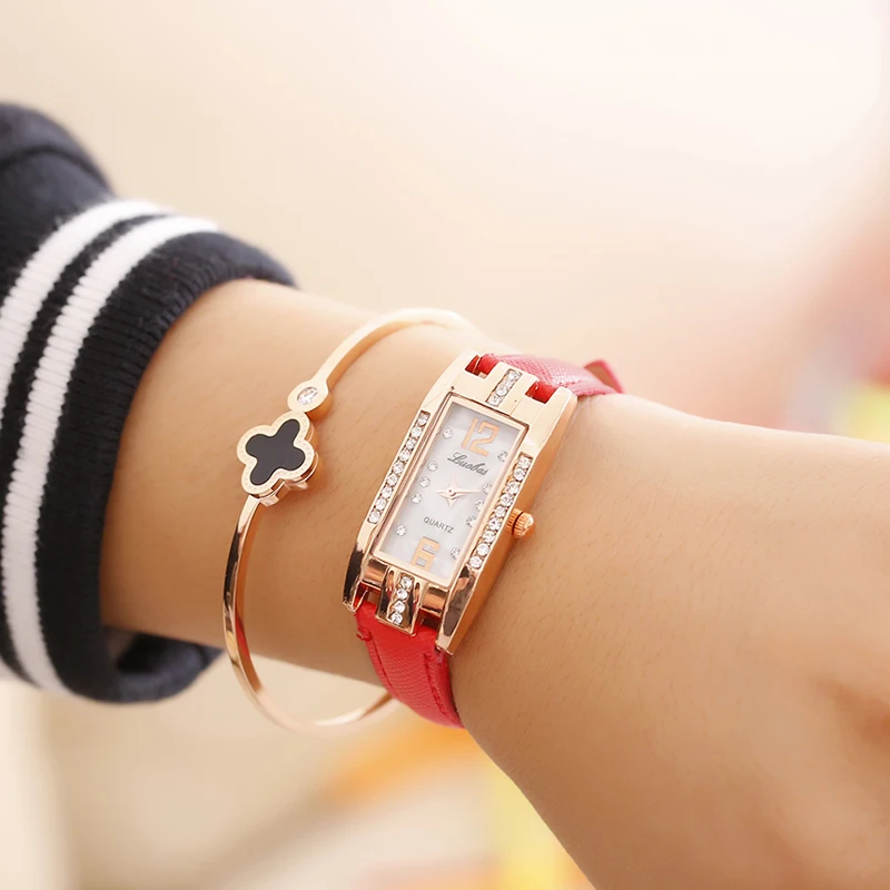 
Small Dial Watch for Women Rectangle Rhinestone Square Quartz Watch Leather Strap Ladies Dress Watches 