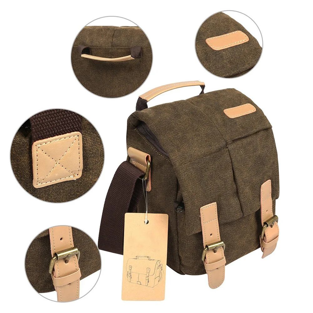 
Vintage Waterproof Canvas Leather Trim DSLR SLR Shockproof Camera Shoulder Messenger Bag 