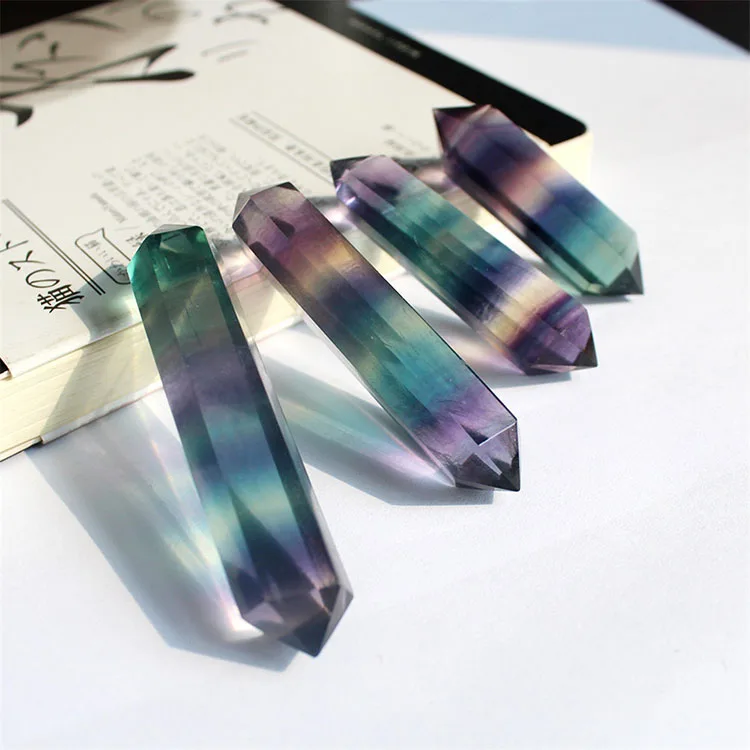 Polished Folk Art Rainbow Quartz Wand Polished Rainbow Fluorite Double Terminated Crystal Point