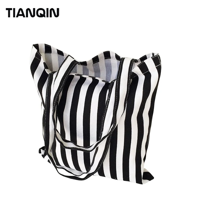 Designer Custom Cheap Handle Canvas Shopping Bag Heavy Duty Cotton Tote Bag Black and White