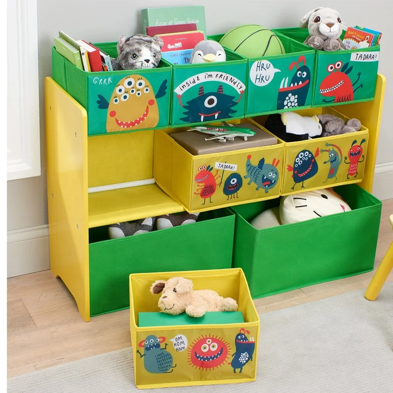 
Toffy & Friends Deluxe 9-Bin Toy Storage Organizer Wooden Toy Shelf with Fabric bins 