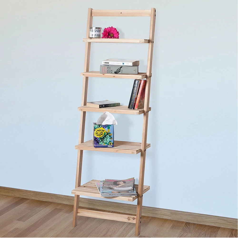 
Natural 5 Tier Leaning Ladder Shelf Pine Wood Standing Shelf 