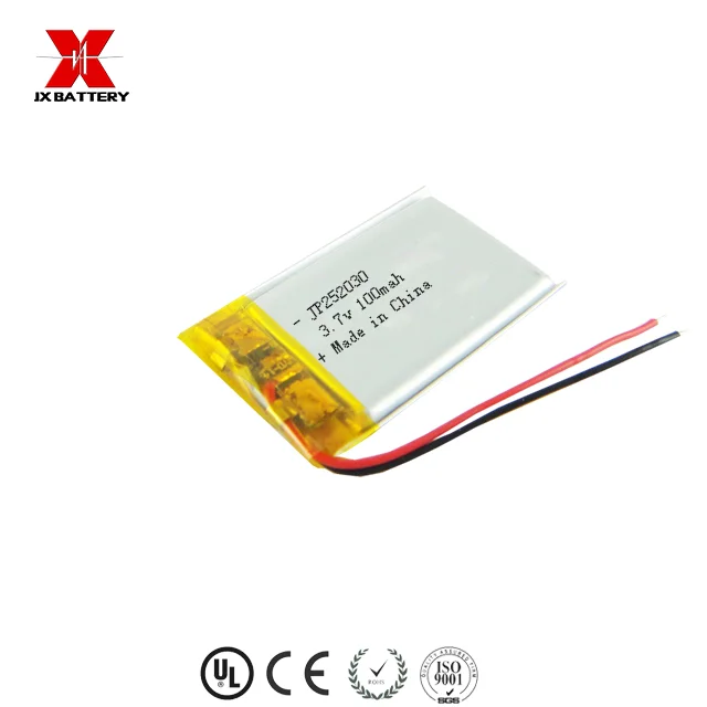 Small MOQ ultra thin rechargeable li-ion battery 252030 2.5mm lipo battery 3.7v 100mah for ID card