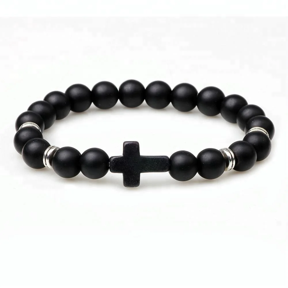 Fashion Acrylic Cross Turquoise Stones Agate Lava Stone Beaded Bracelet for women men
