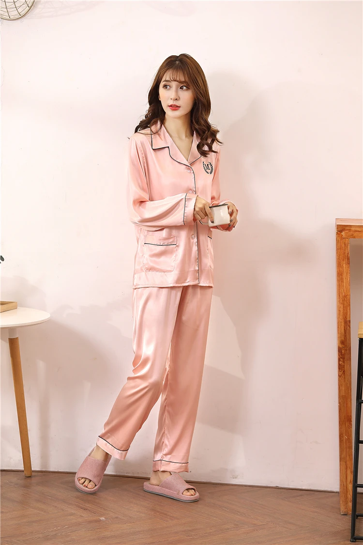 Женская пижама с вышивкой женская из сатина и шелка одежда для сна Женский комплект двух предметов дизайнерская Пижама