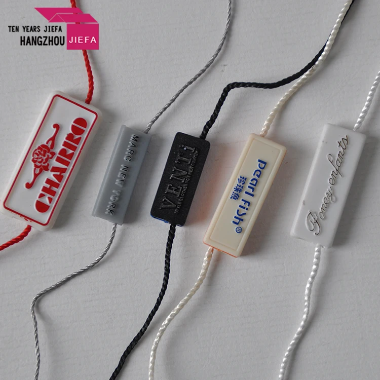 Low MOQ Suppliers Price Eco-Friendly Custom Brand Logo Ribbon Hang Plastic String Seal Tags for Clothing