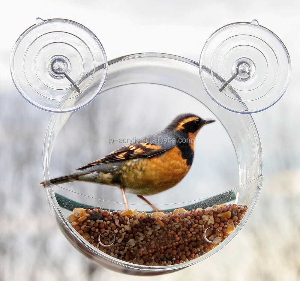 
Customized window transparent acrylic round bird feeder with 2 powerful suction 