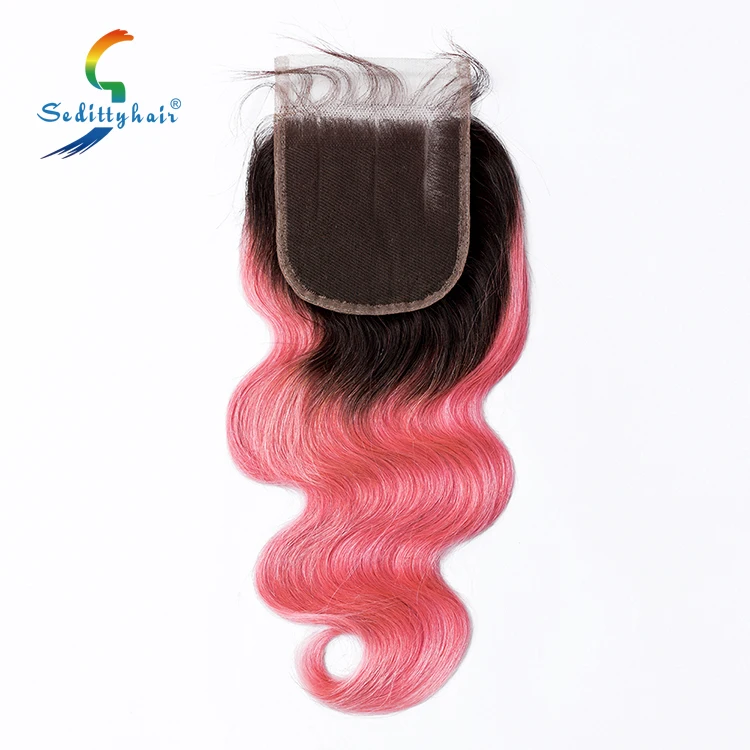 Wholesale Virgin Human Hair Body Wave 4*4 Top lace Closure Color 1b/pink