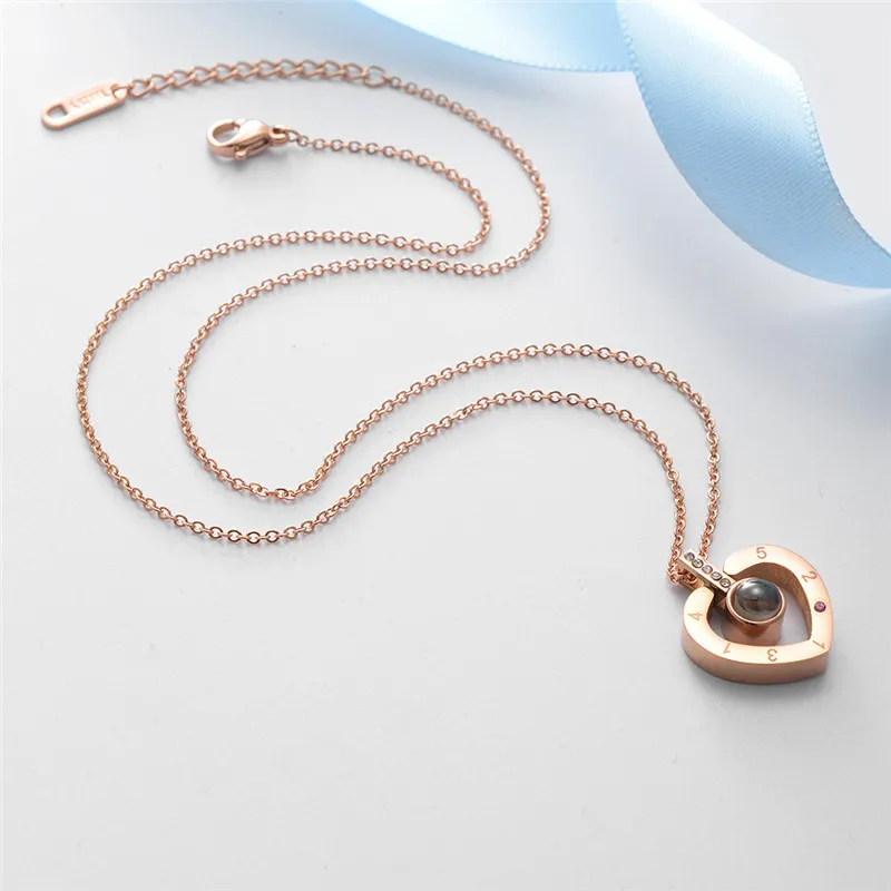 
Stainless Steel Rose Gold Silver Plated Love Memory Wedding Necklace 100 languages I love you Projection Pendant Necklace 