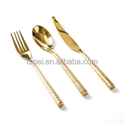 
Flatware Stainless steel 4 piece gold plating hammer cutlery with round handle Set Restaurant home wedding party Dinnerware set 