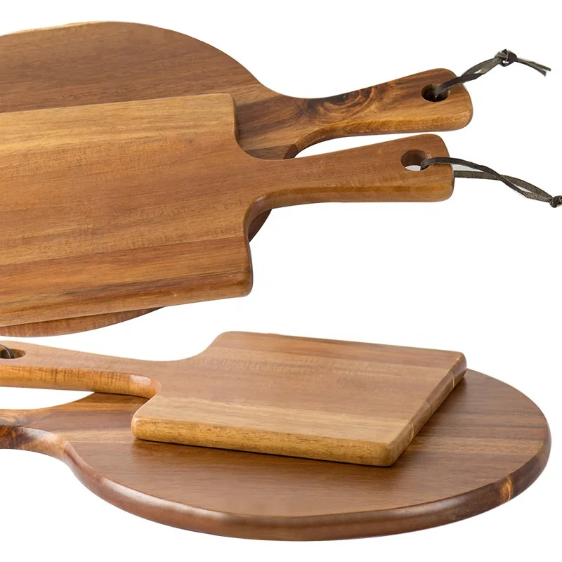 New designed  wood lacquer tray  square pizza cutting board acacia wooden serving board with handle