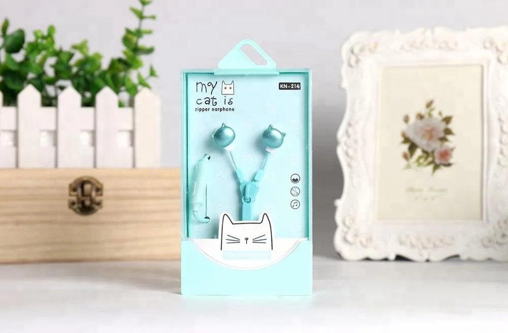 
Cartoon Cat Zipper Headphone with Mic, Plastic 3.5mm Promotion In Ear Micro Earphone Speaker Stereo Wired Earphones 