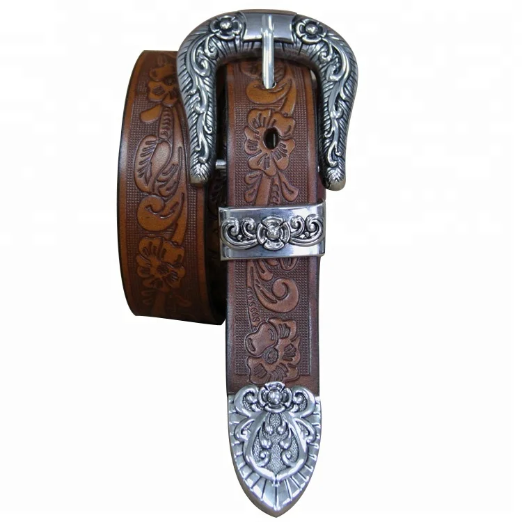 High Quality Unique Embossed Leather Belt with Carving Metal Buckle