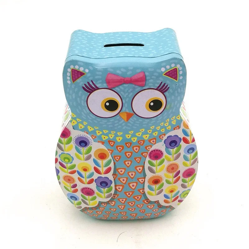Hot sale cheap kid  interest owl shape metal tin can piggy bank with LFGB certificates