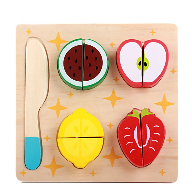 
educational kids pretend play set simulation food toy wooden cutting fruits puzzle 