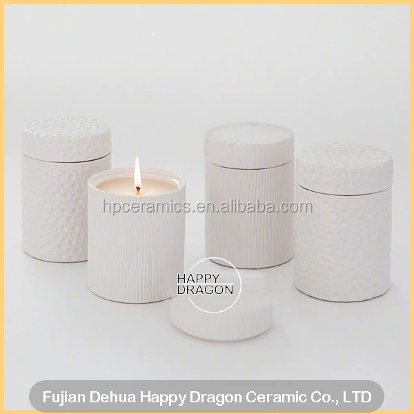 Line engraved White Ceramic Candle Jar with lid