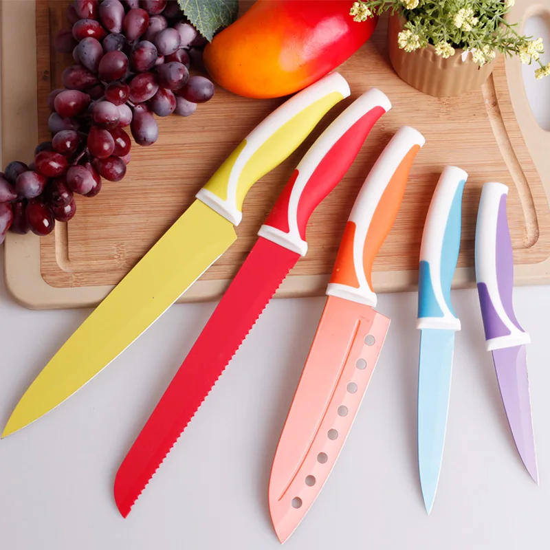 Multicolor 5 pcs kitchen tools Stainless Steel Kitchen Knife Set Plastic Handle Non-Stick Color Knives Set