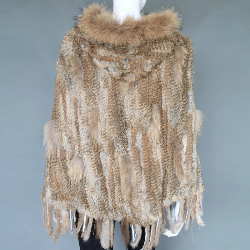 Genuine rabbit fur knitted poncho with hood for women real raccoon fur trim cape wholesale