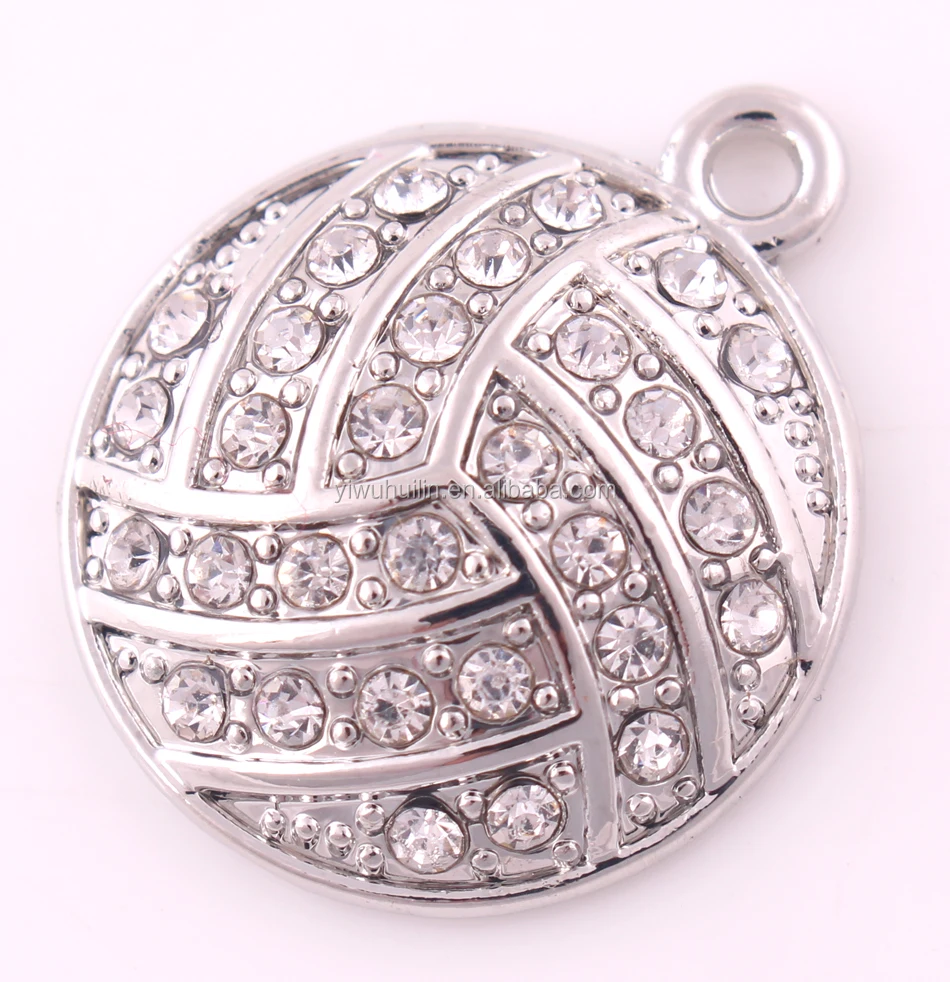 P500228 Yiwu Huilin jewelry Wholesale volleyball charms popular silver plated crystal volleyball pendant