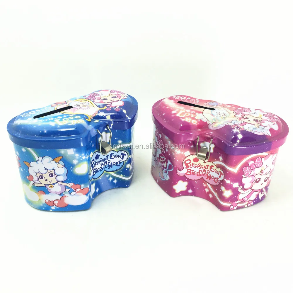Double heart shaped coin bank, money box with lock