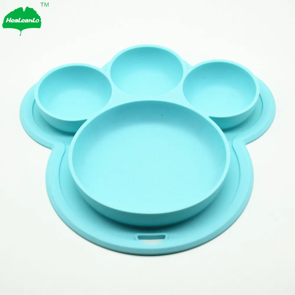 Silicone Suction Plate Bear Footprint Silicone Dinner Plates Eating Mat for Babies Feeding Plates with a Hang Hook