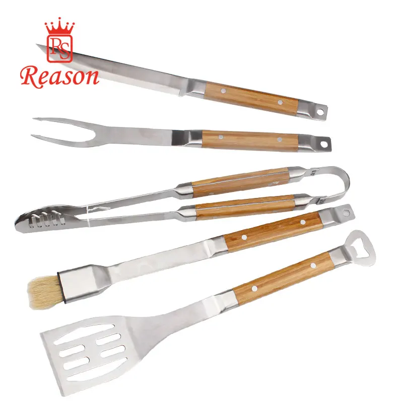 Outdoor BBQ Grill Tools With Bamboo Handle In Portable Wooden Case