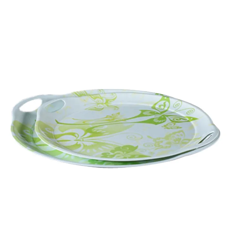 Green leaf full printing plastic melamine round tray with handles wholesale