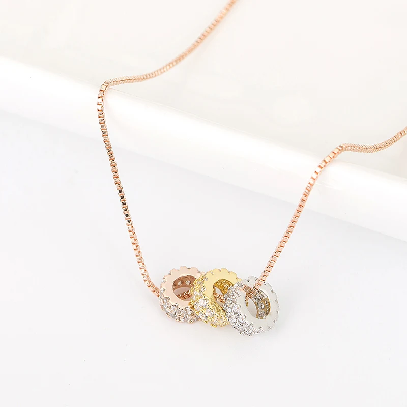 LUOTEEMI Wholesale Stock Fashion Cubic Zirconia Element Crystal 3 Loops Pendant Rose Gold Jewelry Necklace