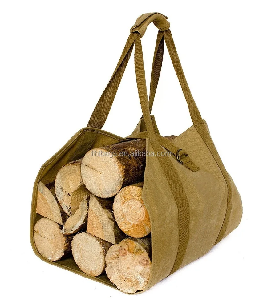 Firewood Carrier Durable Waxed Canvas Log Carrier Heavy Duty Tote,Fire Place Sturdy Wood Carring Bag with Handles Security Strap