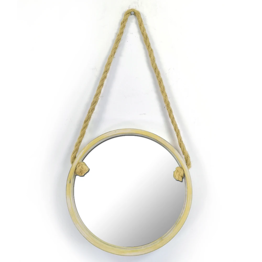 Rainhou minimalist home decor 16 inch round strap vinyl mirrors for wall decorative wall wood frame wall mirror