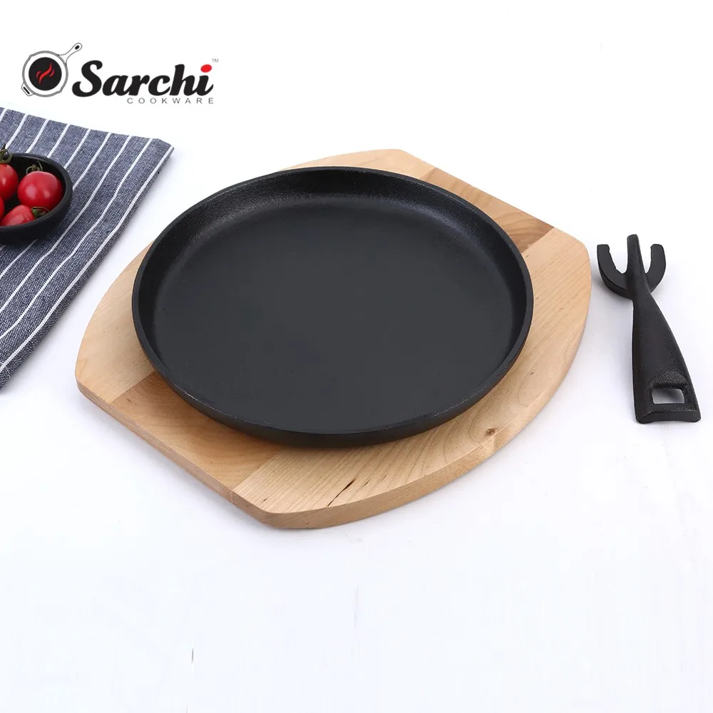 Cast Iron Sizzling Plate Steak Pan with Wooden Base