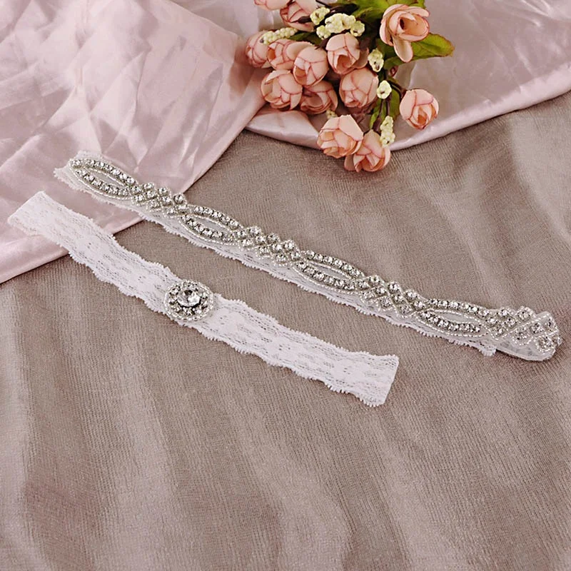 Handmade Bridal Accessories Lace Rhinestone Applique Ribbon Leg Wedding Garter Set Belt