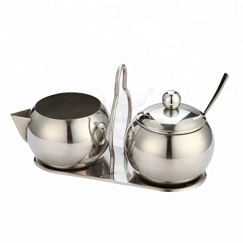 Restaurant Tableware Kitchen Sugar Pot Canister with spoon & lid & holder Stainless Steel Metal Sugar Bowl