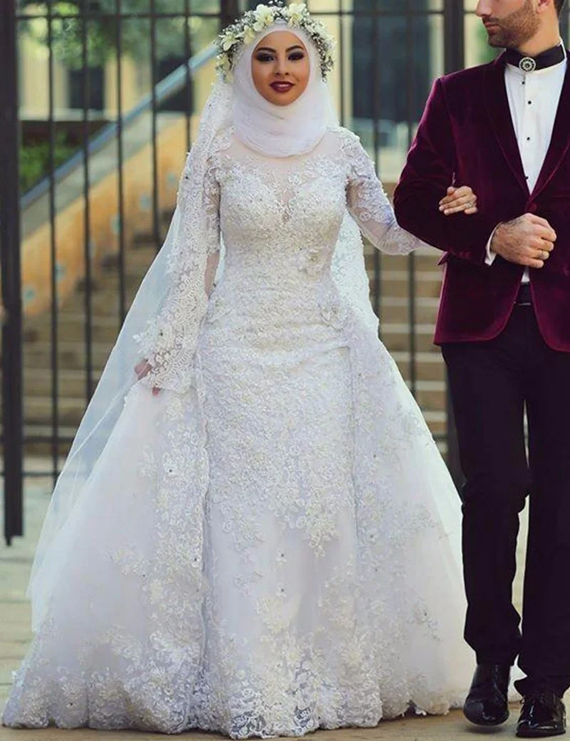 5063#New Design Long Sleeve Lace Applique Muslim White Luxury Hijab Mermaid Bridal Wedding Dress Ball Gown With Detachable Train