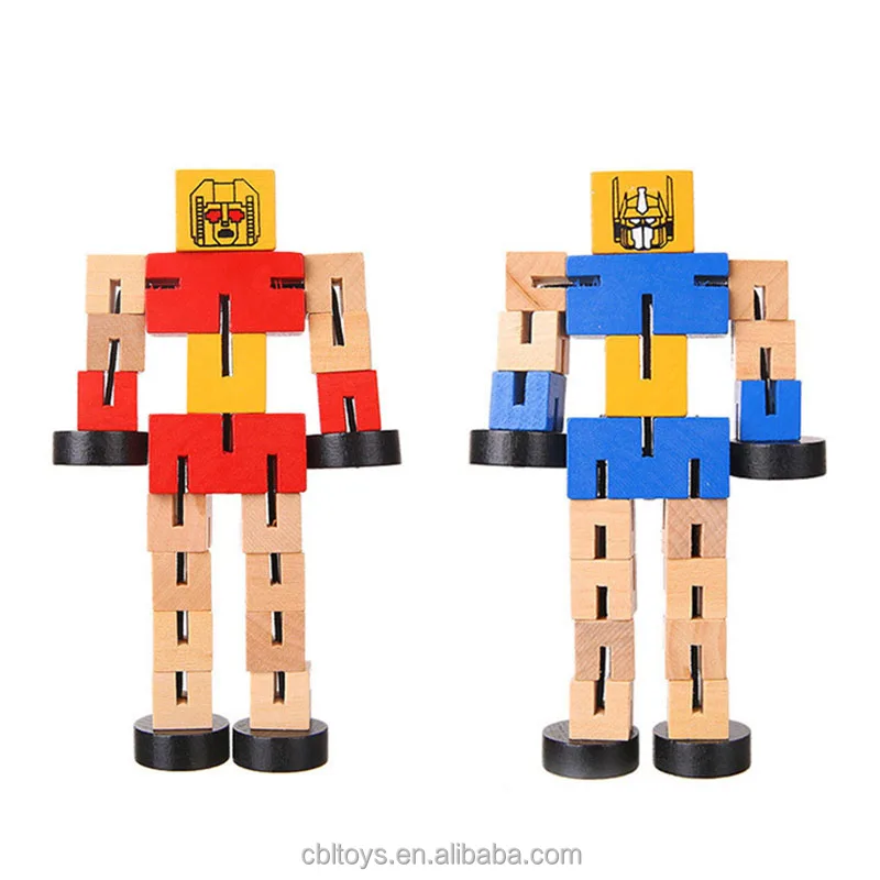 Educational toy wooden rubber band elastic transformation robot blocks for kids CBL3196