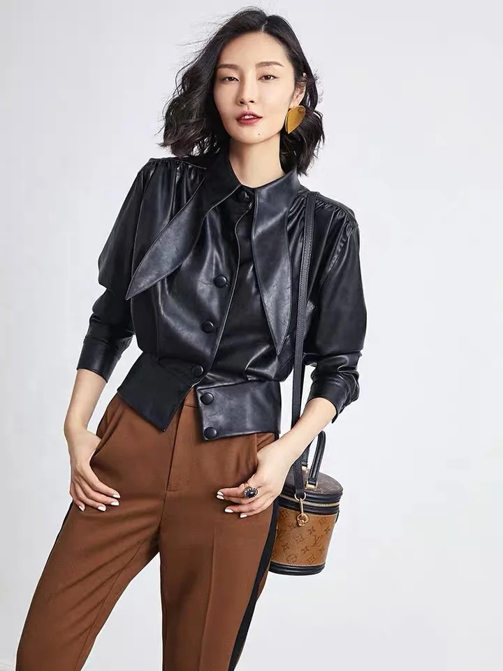 Korean Style Girls Real Lambskin Leather Shirt Spring Unique High Street Design Leather Blouse Ladies Leather Short Jacket