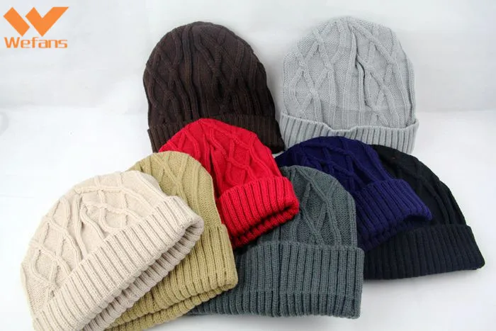 
Wefans Winter Solid Color Custom Embroidered Logo Merino Wool plus velvet twist reverse knit wool Beanie Hat 