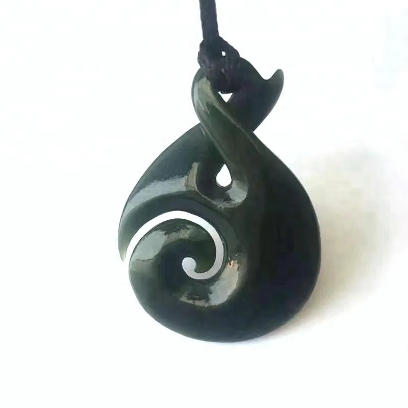 
Maori Style Twist Swirl Natural Dark Green Nephrite Jade Pendant 