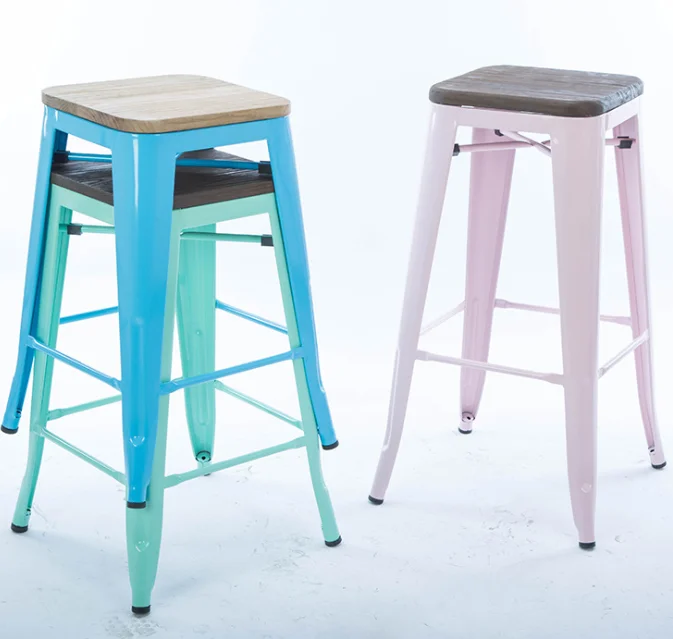 Fresh Colors Home Decor Design Wooden Seat Metal Industrial Stackable Bar Stool
