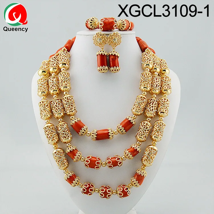Queency High Quality Orange Coral Beads Bride Wedding Jewellery Designs Dubai Gold Jewelry Set