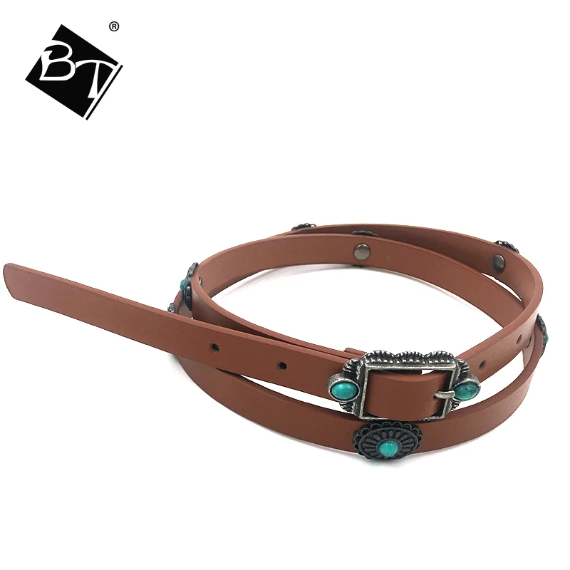 
BT Wholesale Manufacture Ladies Fashion Decorative Metal Skinny Women PU Leather Thin Belt 