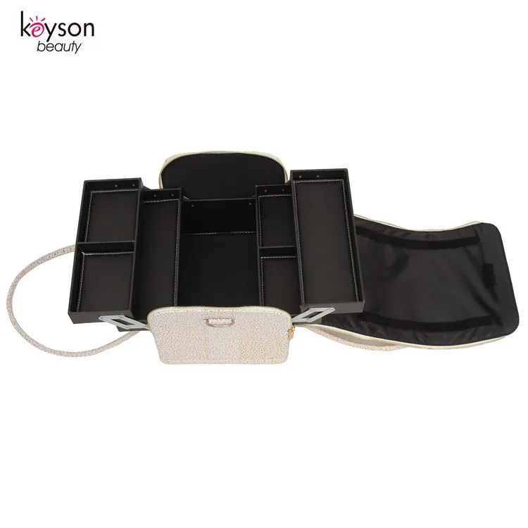 Keyson Custom Logo Easy Carrying Beauty Box Soft Leather Makeup Tool Organizer with Trays